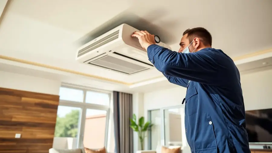 HVAC technician servicing ducted AC in a JVT villa HVAC technician servicing ducted AC in a JVT villa