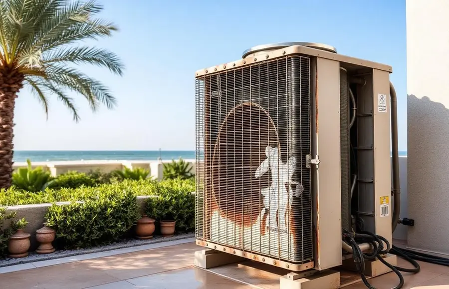 Salt-corroded outdoor AC condenser at a Palm Jumeirah beachfront villa being cleaned