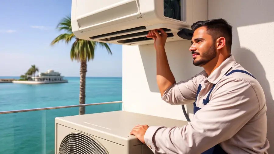 HVAC technician servicing an AC condenser at a Palm Jumeirah beachfront villa HVAC technician servicing an AC condenser at a Palm Jumeirah beachfront villa
