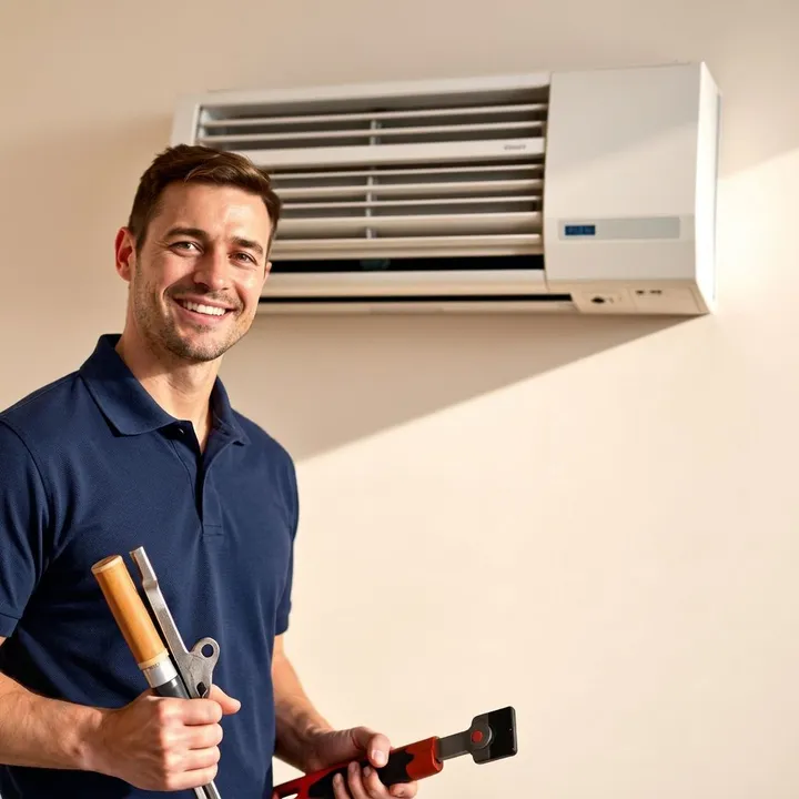 DEWA-approved AC repair technician servicing a split AC unit in Dubai DEWA-approved AC repair technician servicing a split AC unit in Dubai