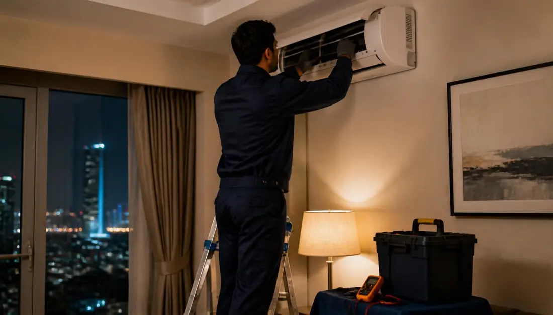 Emergency AC repair in Dubai at night: HVAC technician in navy uniform on a ladder servicing a wall-mounted split AC unit in an apartment, multimeter and tool case ready for after-hours diagnostic and call-out work Emergency AC repair in Dubai at night: HVAC technician in navy uniform on a ladder servicing a wall-mounted split AC unit in an apartment, multimeter and tool case ready for after-hours diagnostic and call-out work